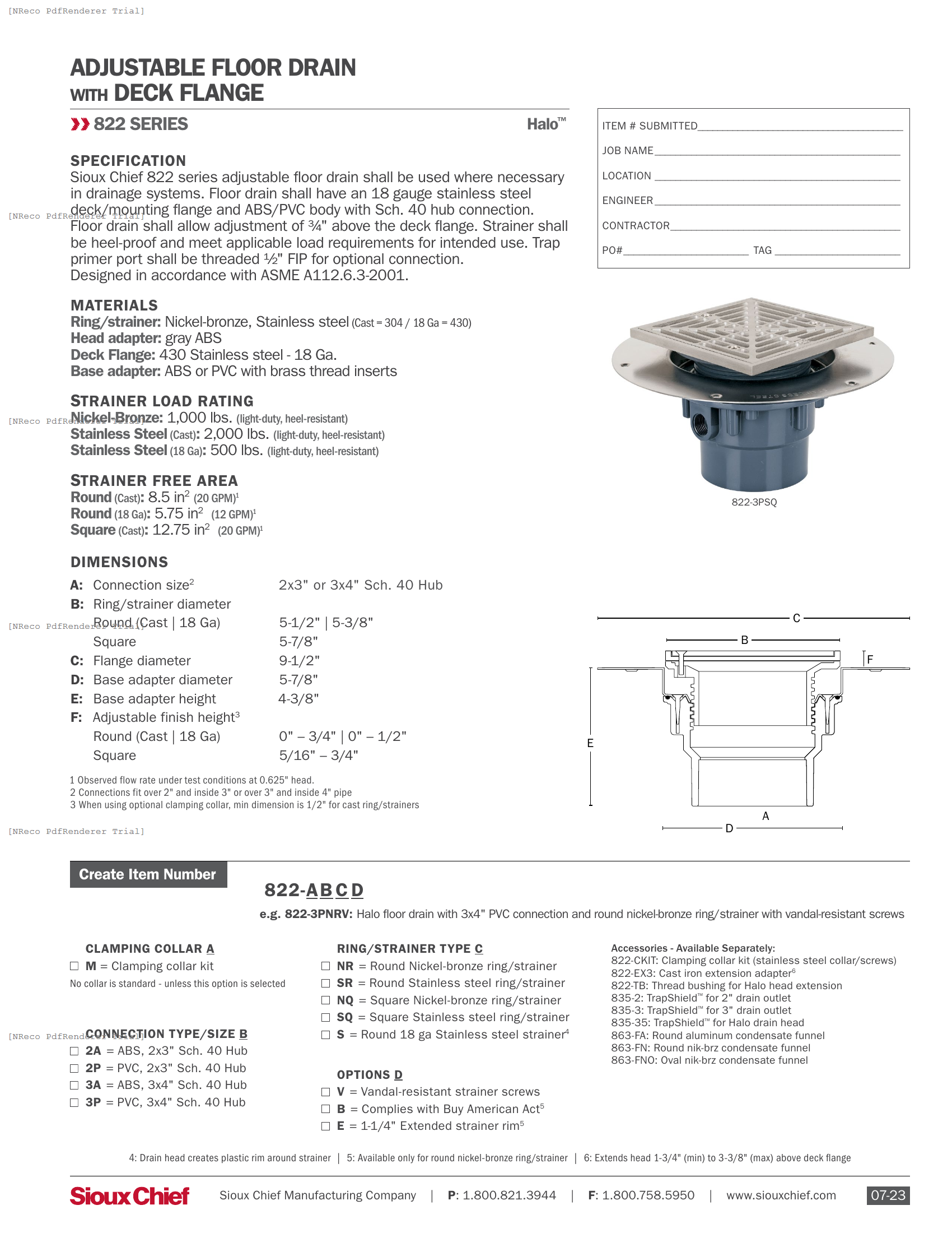 822 SERIES - HALO FLOOR DRAIN SCH40 - SPEC SHEET.PDF Specification Document